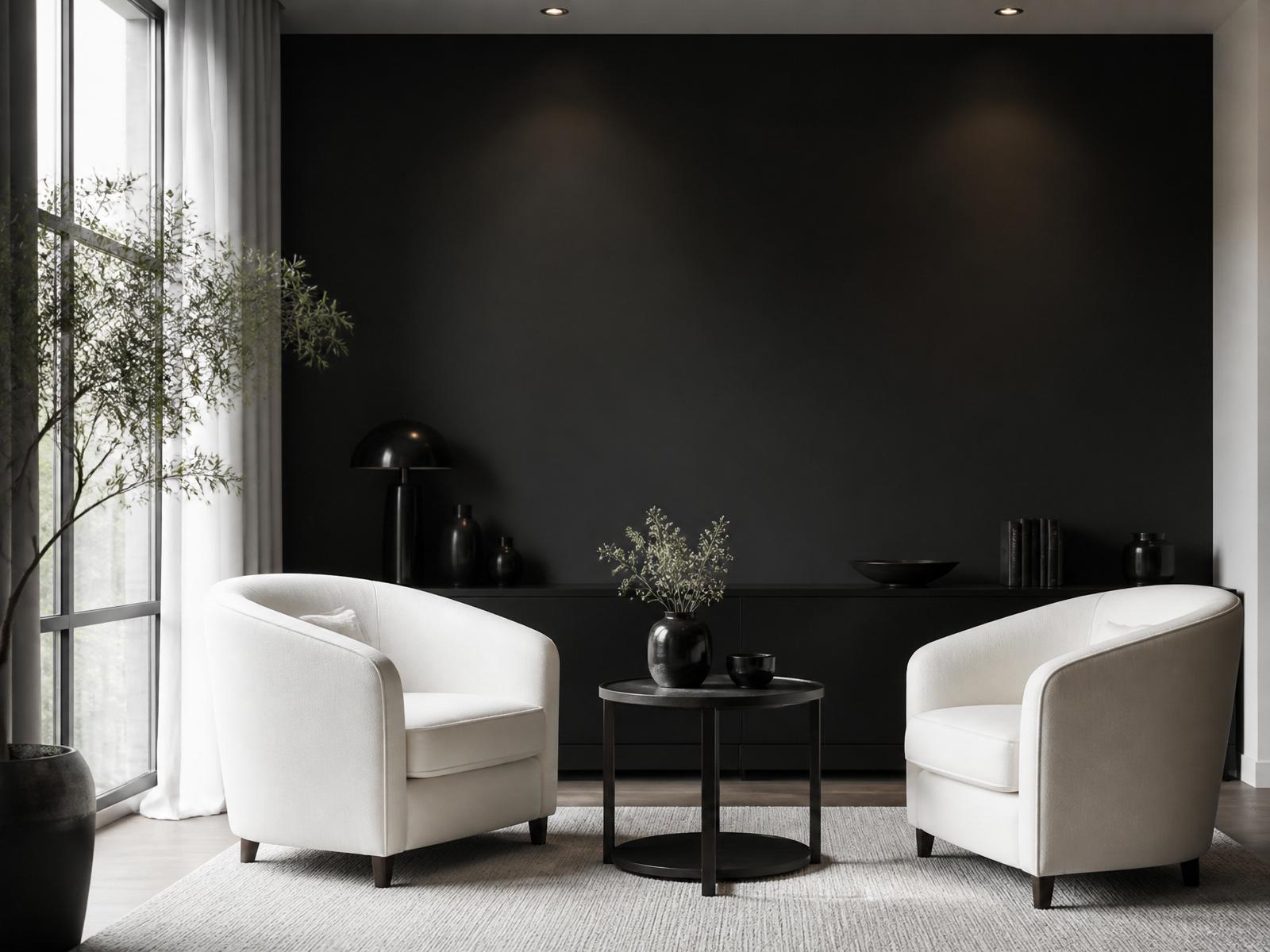 Consultório minimalista em preto e branco com duas poltronas